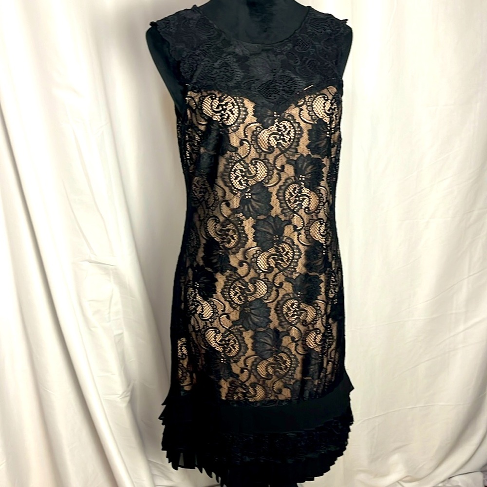 Kensie flapper style sheath dress with chantilly lace and box pleats , size 10